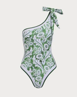 Green Contrast Flower Print One Piece Swimsuit