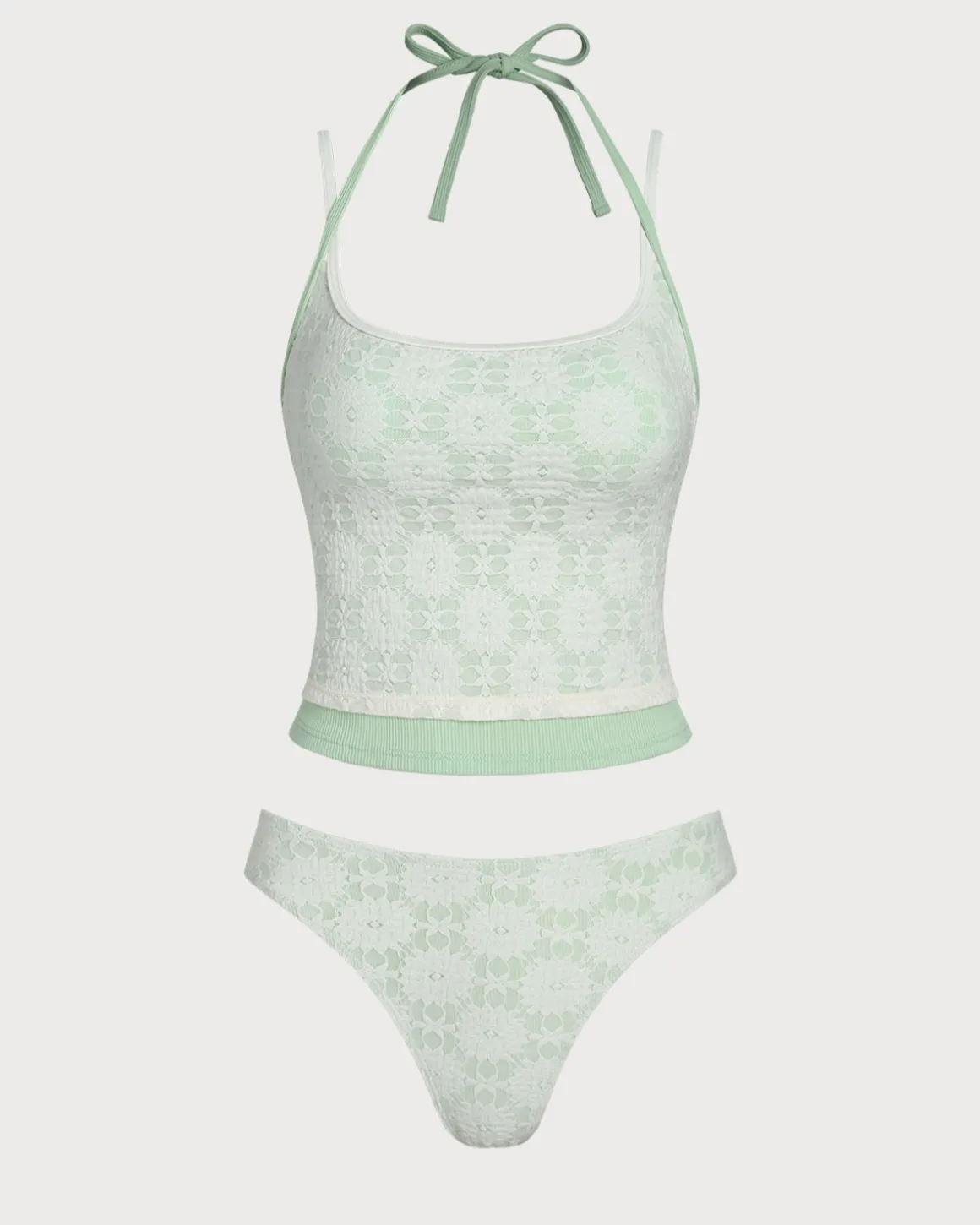 Green Contrast Lace Tankini Swimsuit