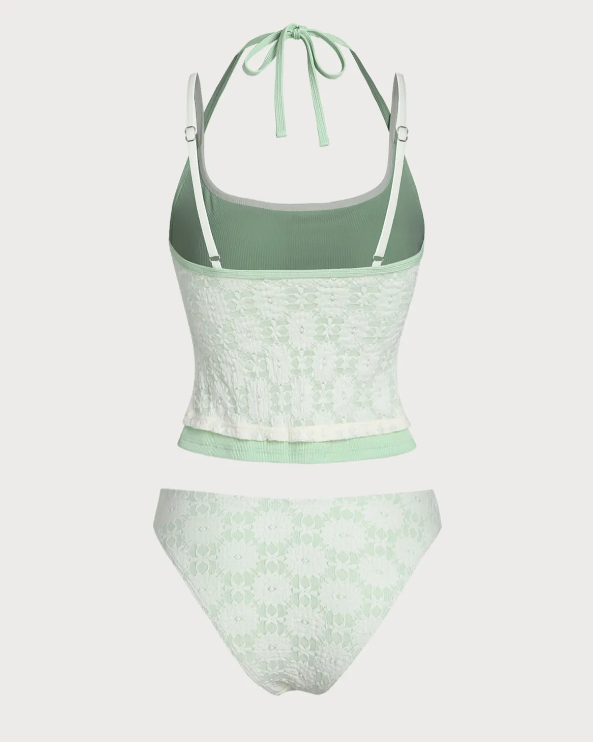 Green Contrast Lace Tankini Swimsuit