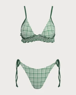 Green Contrast Plaid Wrinkled Bikini Set