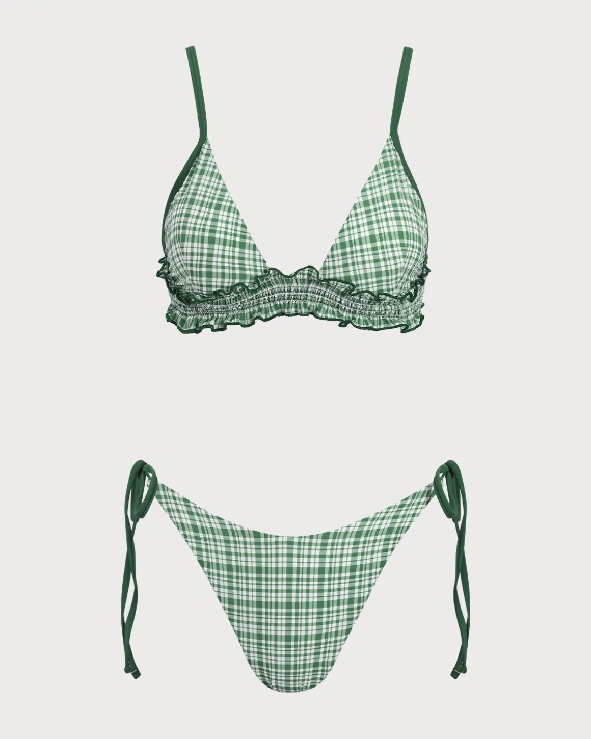 Green Contrast Plaid Wrinkled Bikini Set