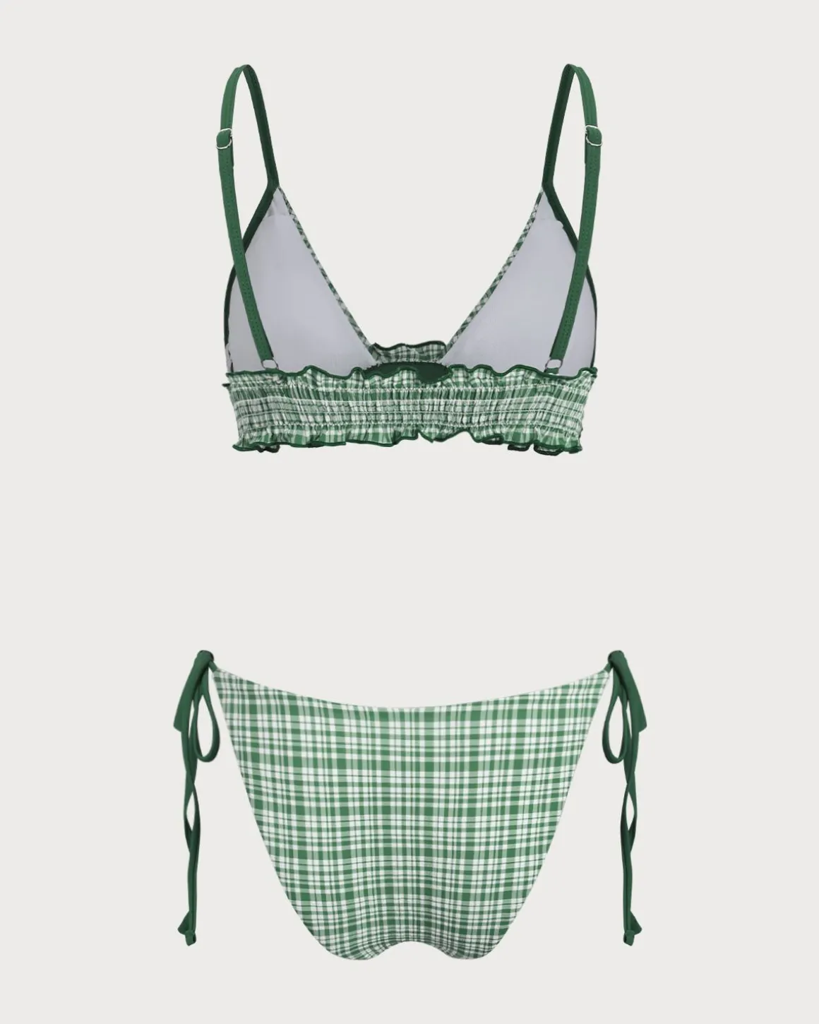 Green Contrast Plaid Wrinkled Bikini Set