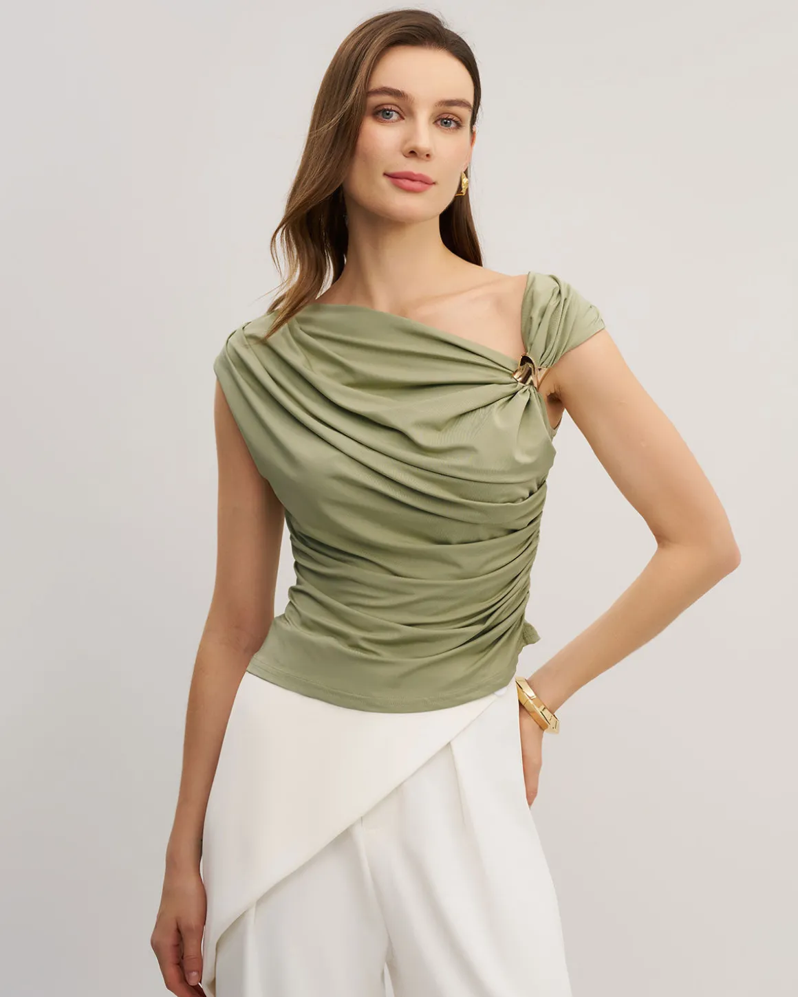 Green Cowl Neck Ruched Tee