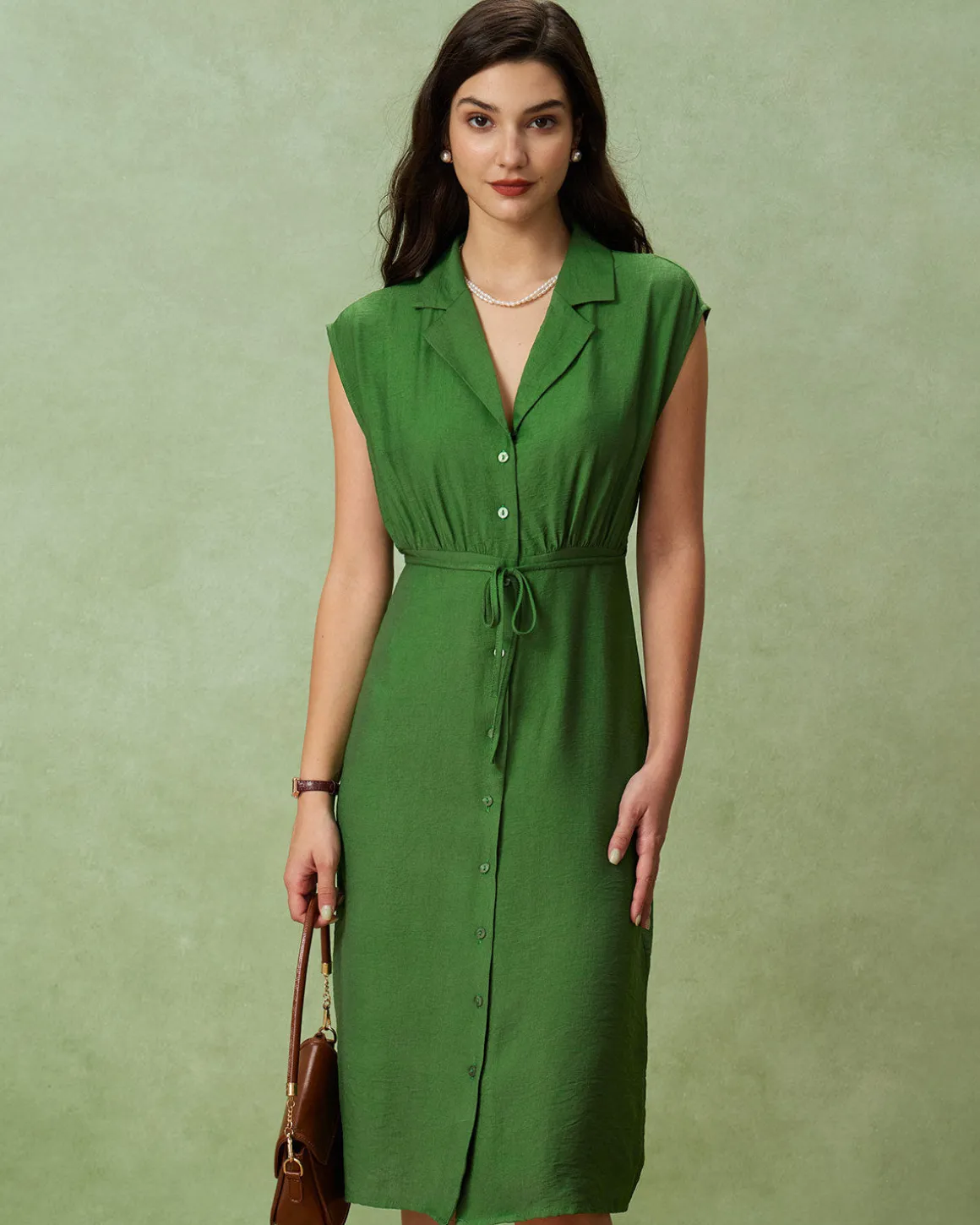Green Cowl Sleeve Button Midi Dress