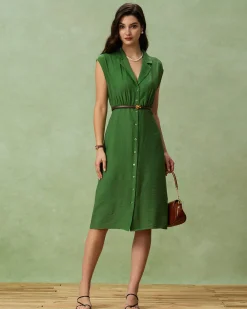 Green Cowl Sleeve Button Midi Dress