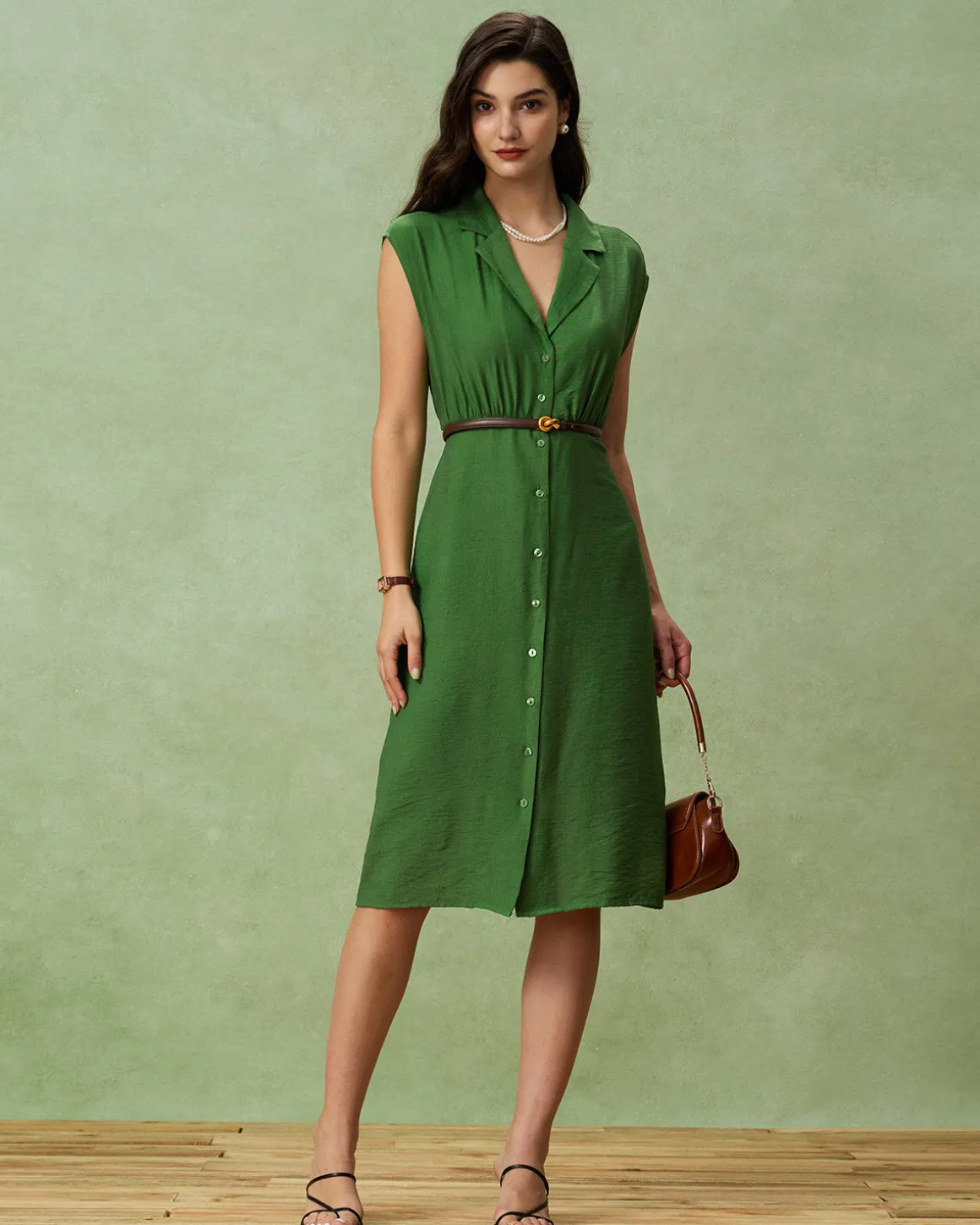Green Cowl Sleeve Button Midi Dress