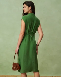 Green Cowl Sleeve Button Midi Dress
