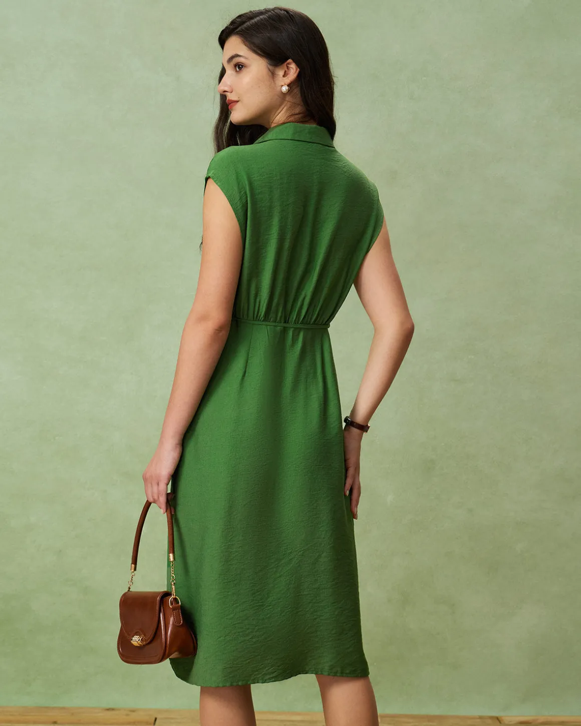 Green Cowl Sleeve Button Midi Dress