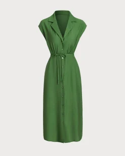 Green Cowl Sleeve Button Midi Dress