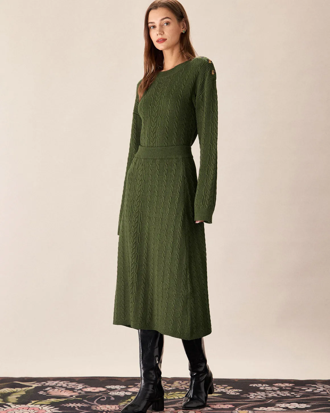 Green Elastic Waist Knit Midi Skirt