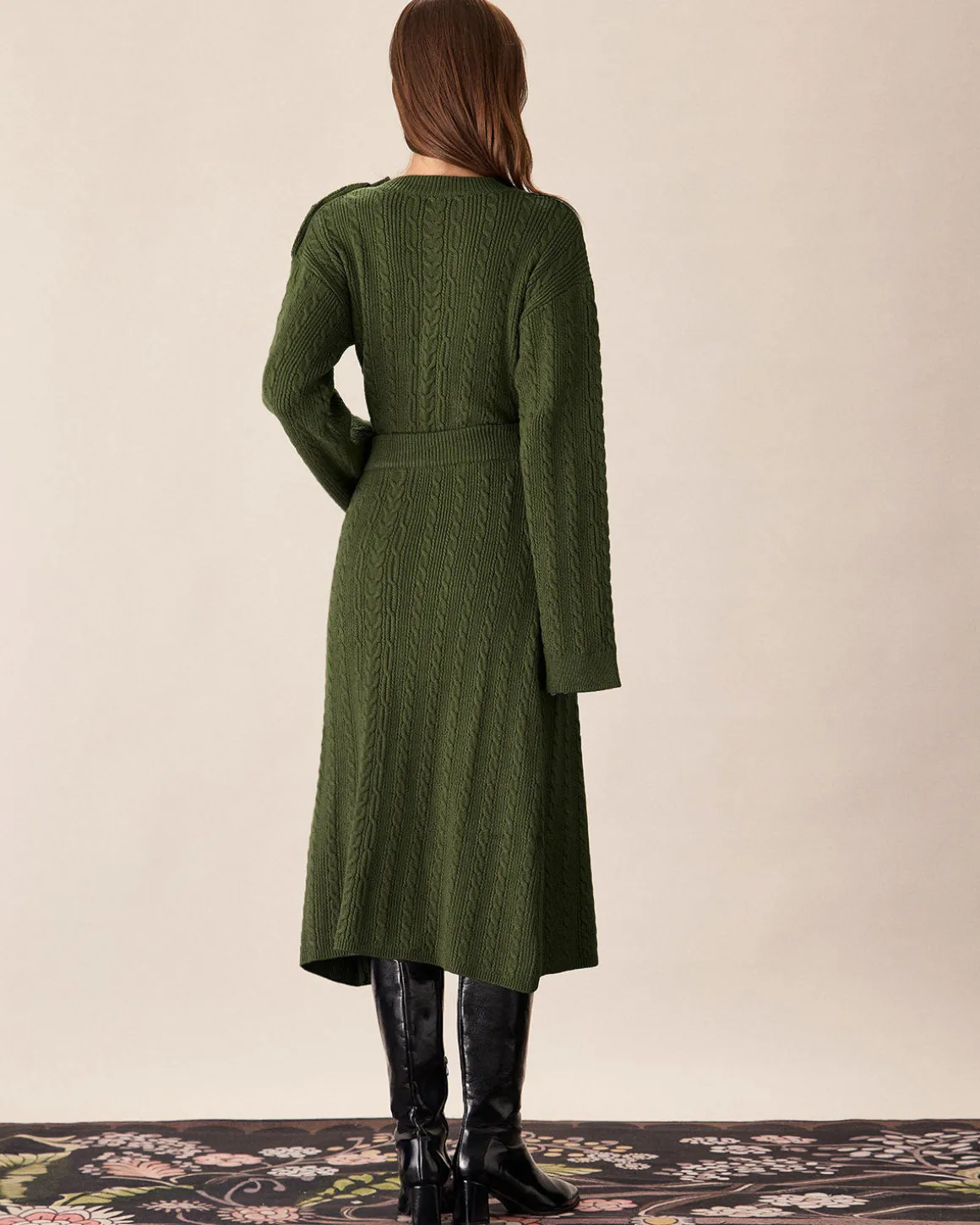 Green Elastic Waist Knit Midi Skirt