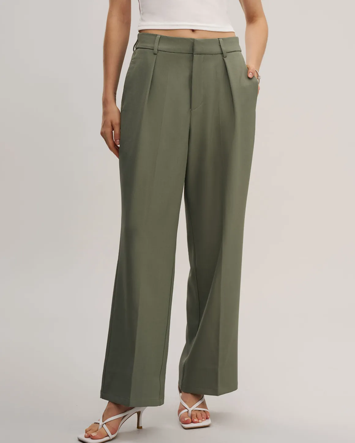 Green Elastic Waist Straight Pants