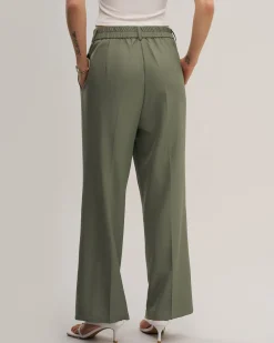 Green Elastic Waist Straight Pants