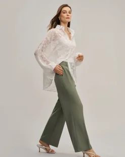 Green Elastic Waist Straight Pants