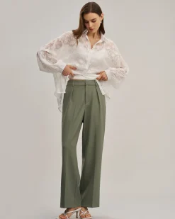 Green Elastic Waist Straight Pants
