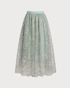 Green Embroidery Elastic Waist Midi Skirt