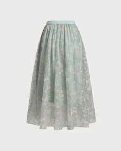 Green Embroidery Elastic Waist Midi Skirt