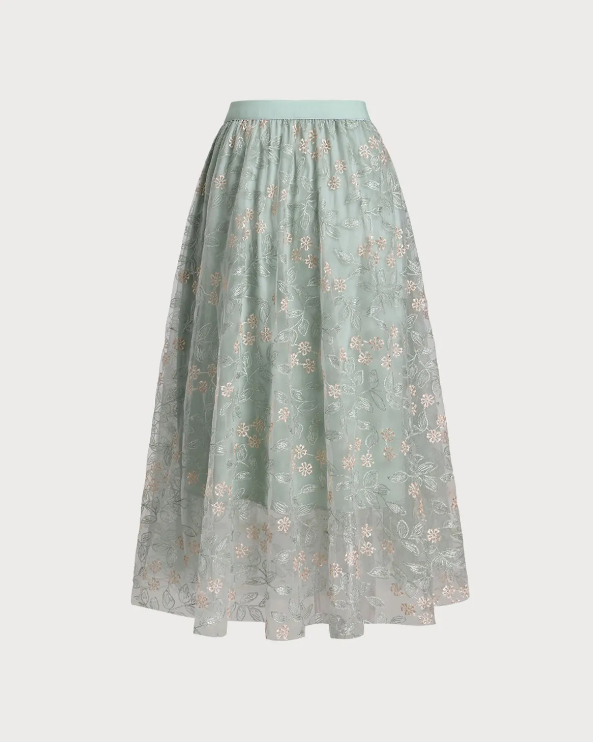 Green Embroidery Elastic Waist Midi Skirt