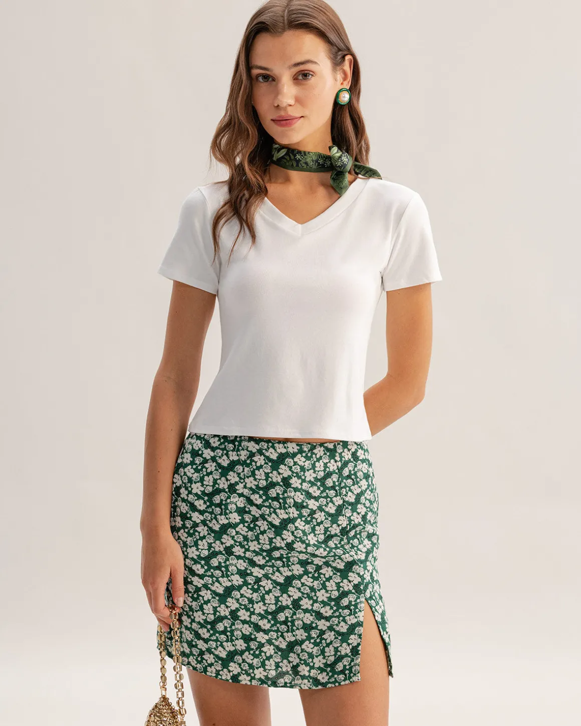 Green Floral A-line Mini Skirt