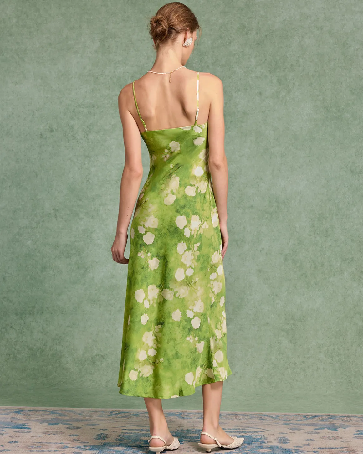 Green Floral A-Line Slip Midi Dress