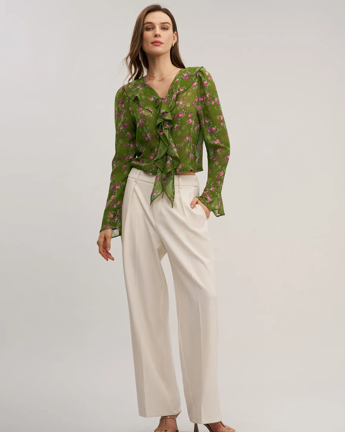 Green Floral Chiffon Ruffle Blouse