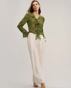 Green Floral Chiffon Ruffle Blouse