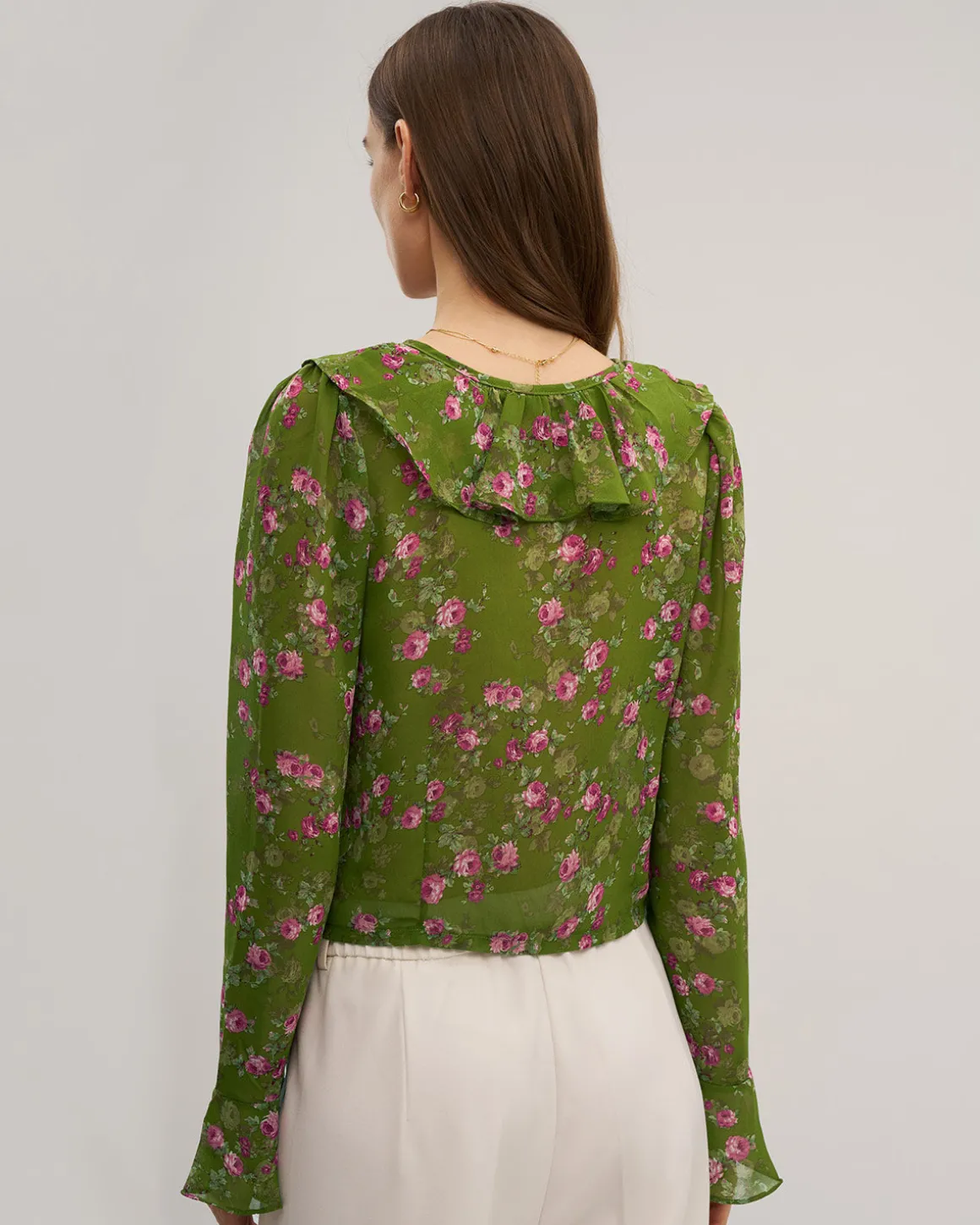 Green Floral Chiffon Ruffle Blouse