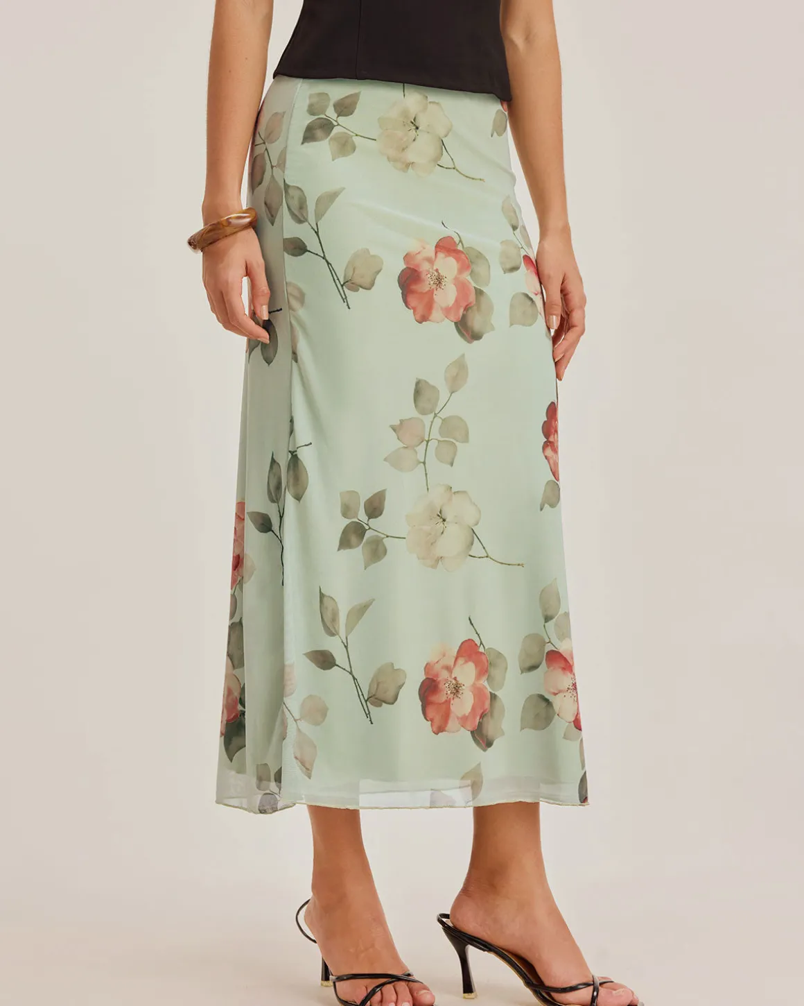 Green Floral Elastic Waist Straight Midi Skirt