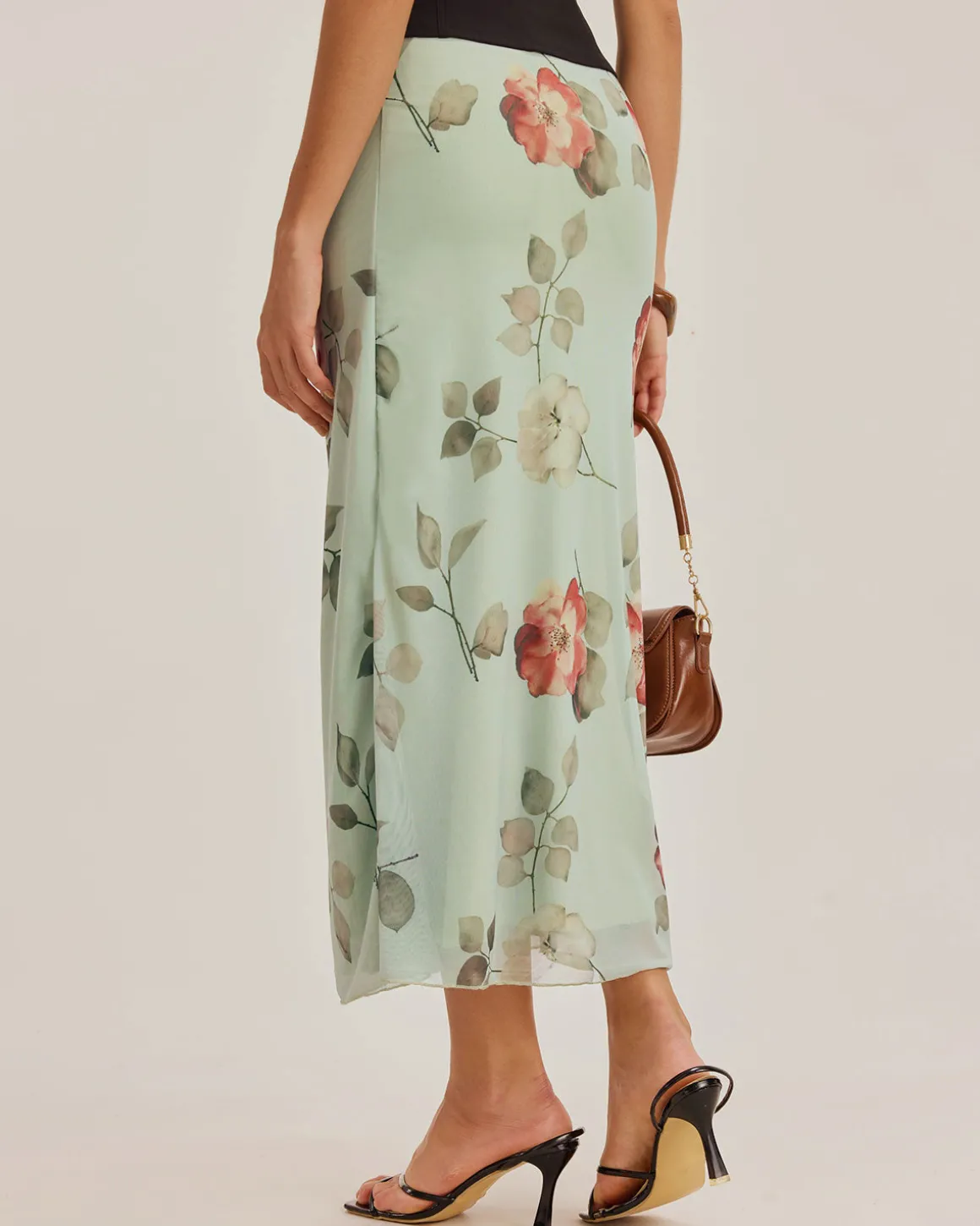 Green Floral Elastic Waist Straight Midi Skirt