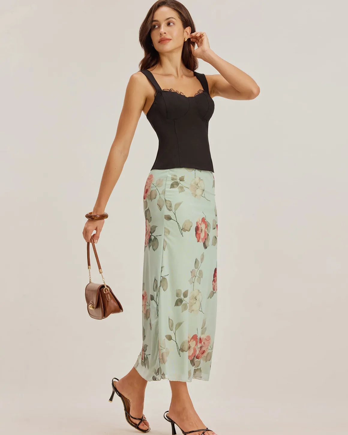 Green Floral Elastic Waist Straight Midi Skirt