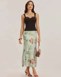 Green Floral Elastic Waist Straight Midi Skirt