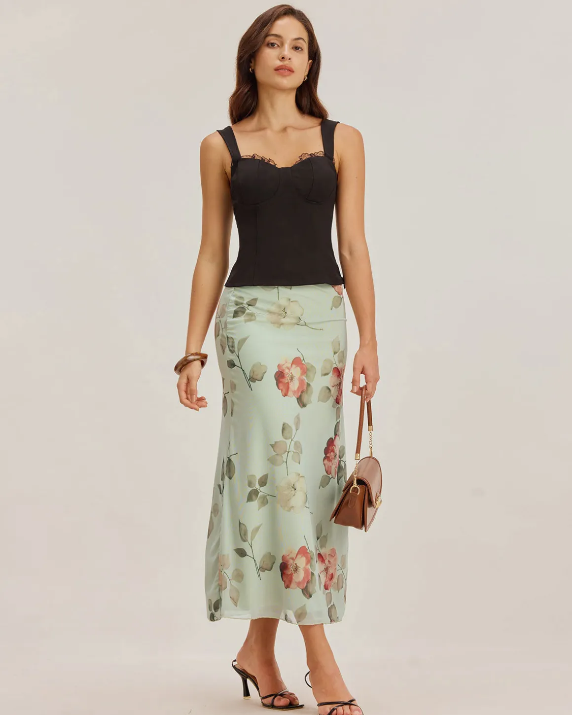 Green Floral Elastic Waist Straight Midi Skirt