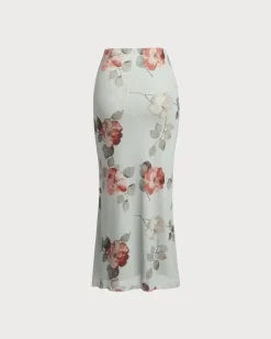 Green Floral Elastic Waist Straight Midi Skirt