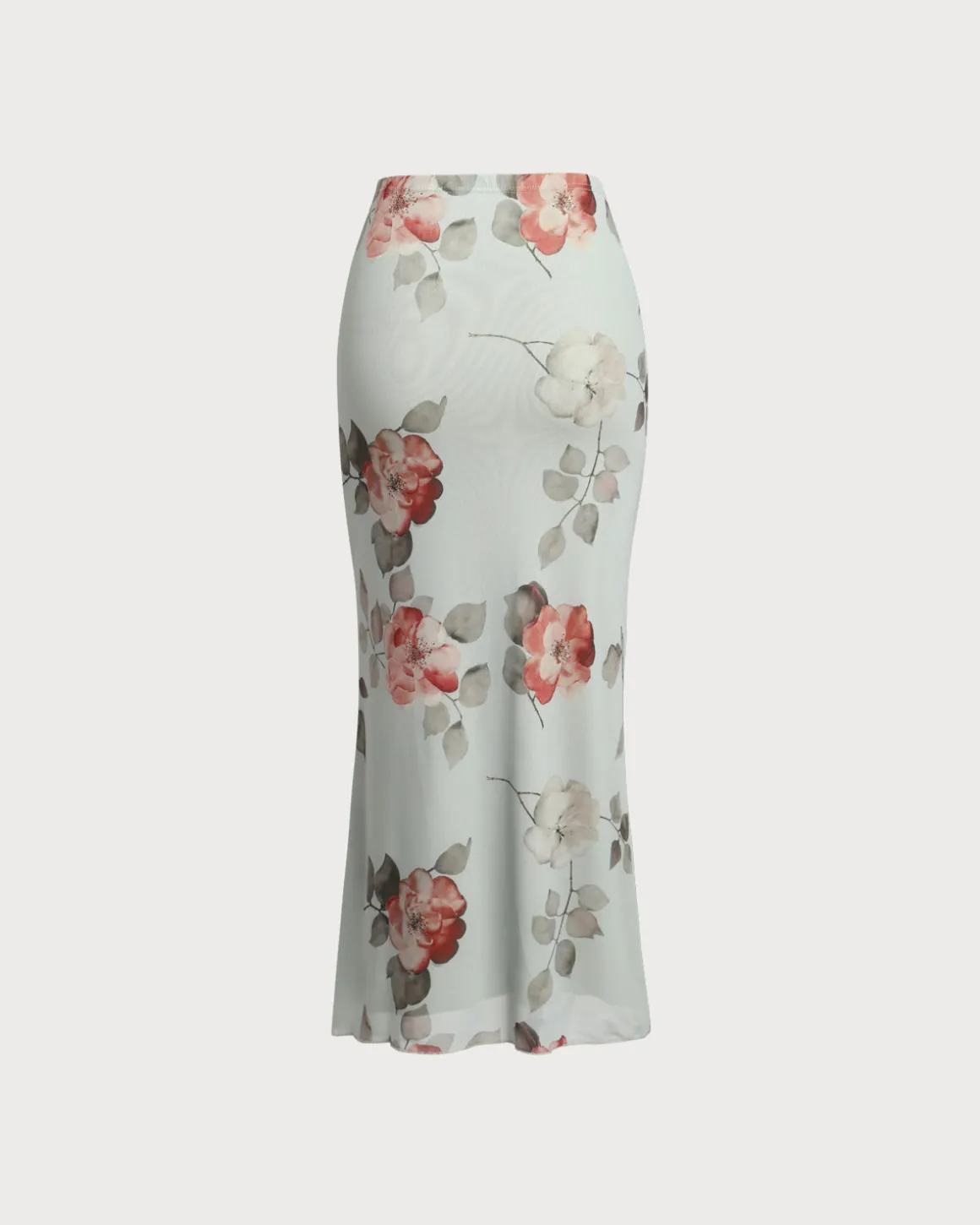 Green Floral Elastic Waist Straight Midi Skirt