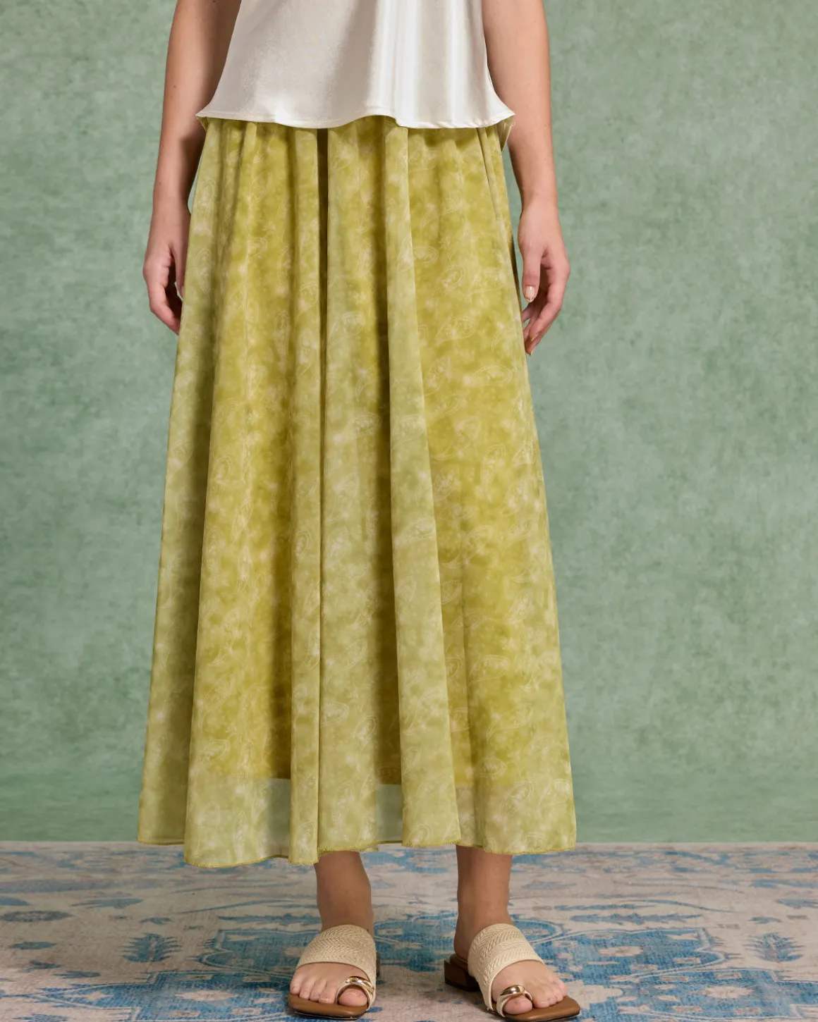 Green Floral Elastic Waist Midi Skirt