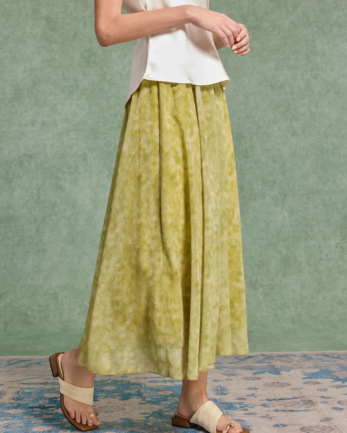 Green Floral Elastic Waist Midi Skirt