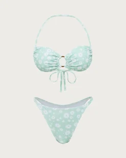 Green Floral O-Ring Halter Bikini Set