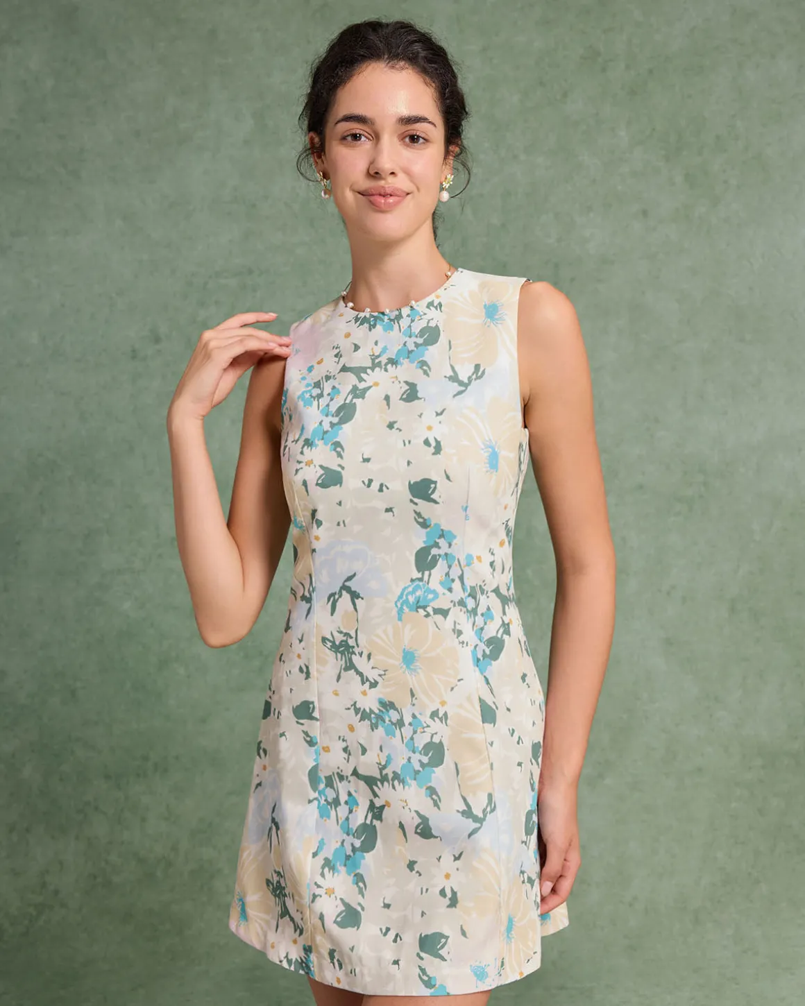 Green Floral Plant Sleeveless Mini Dress