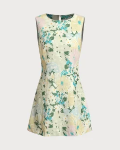 Green Floral Plant Sleeveless Mini Dress