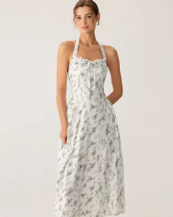 Green Floral Ruched Lace Halter Midi Dress
