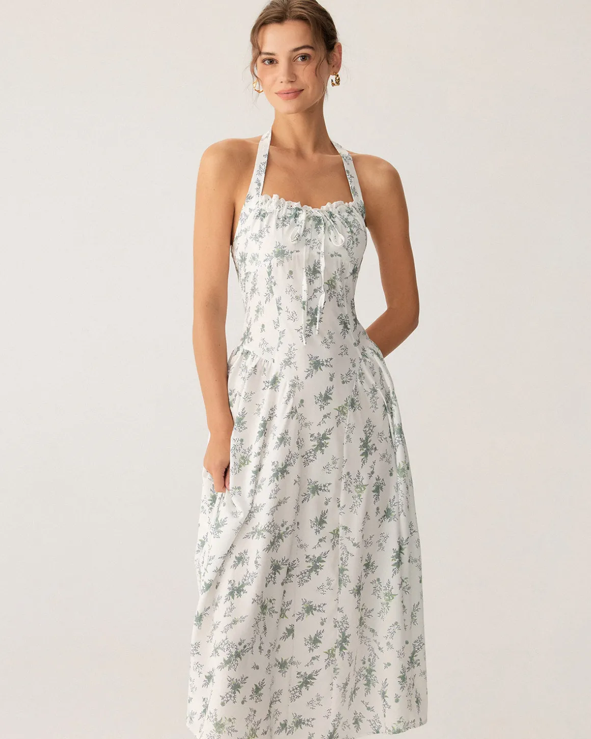 Green Floral Ruched Lace Halter Midi Dress