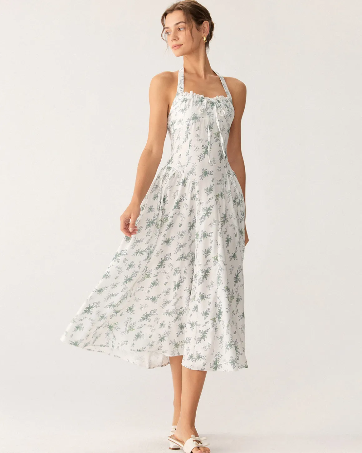 Green Floral Ruched Lace Halter Midi Dress