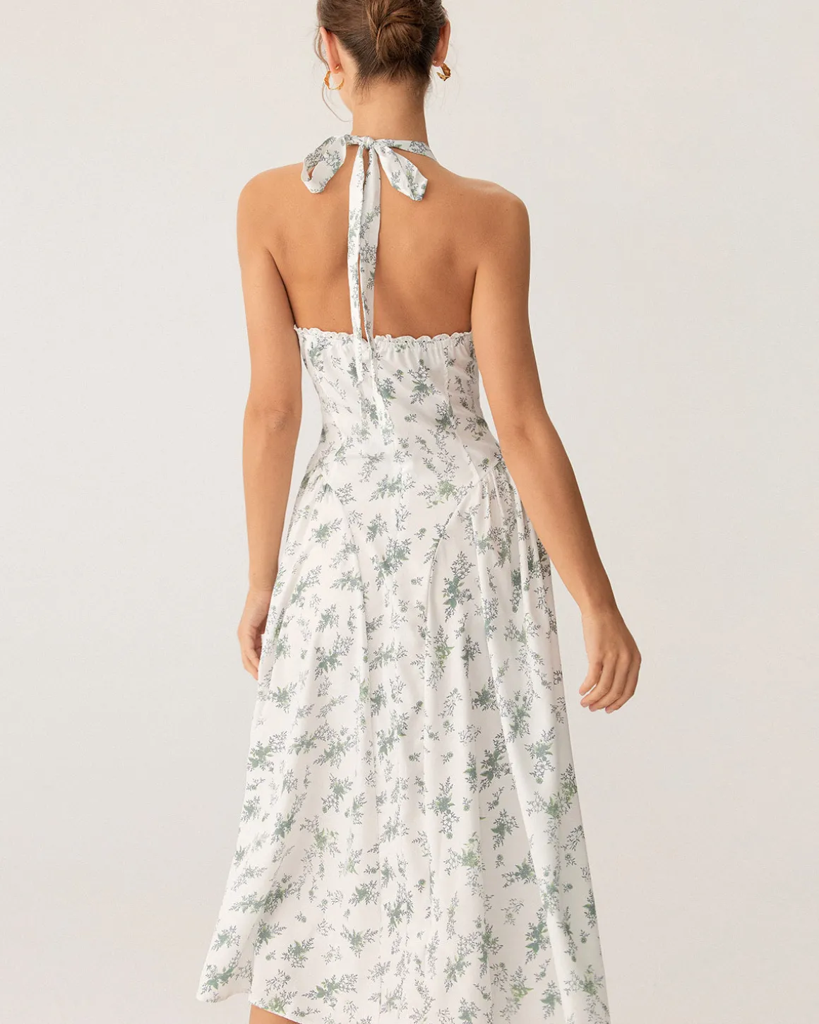 Green Floral Ruched Lace Halter Midi Dress