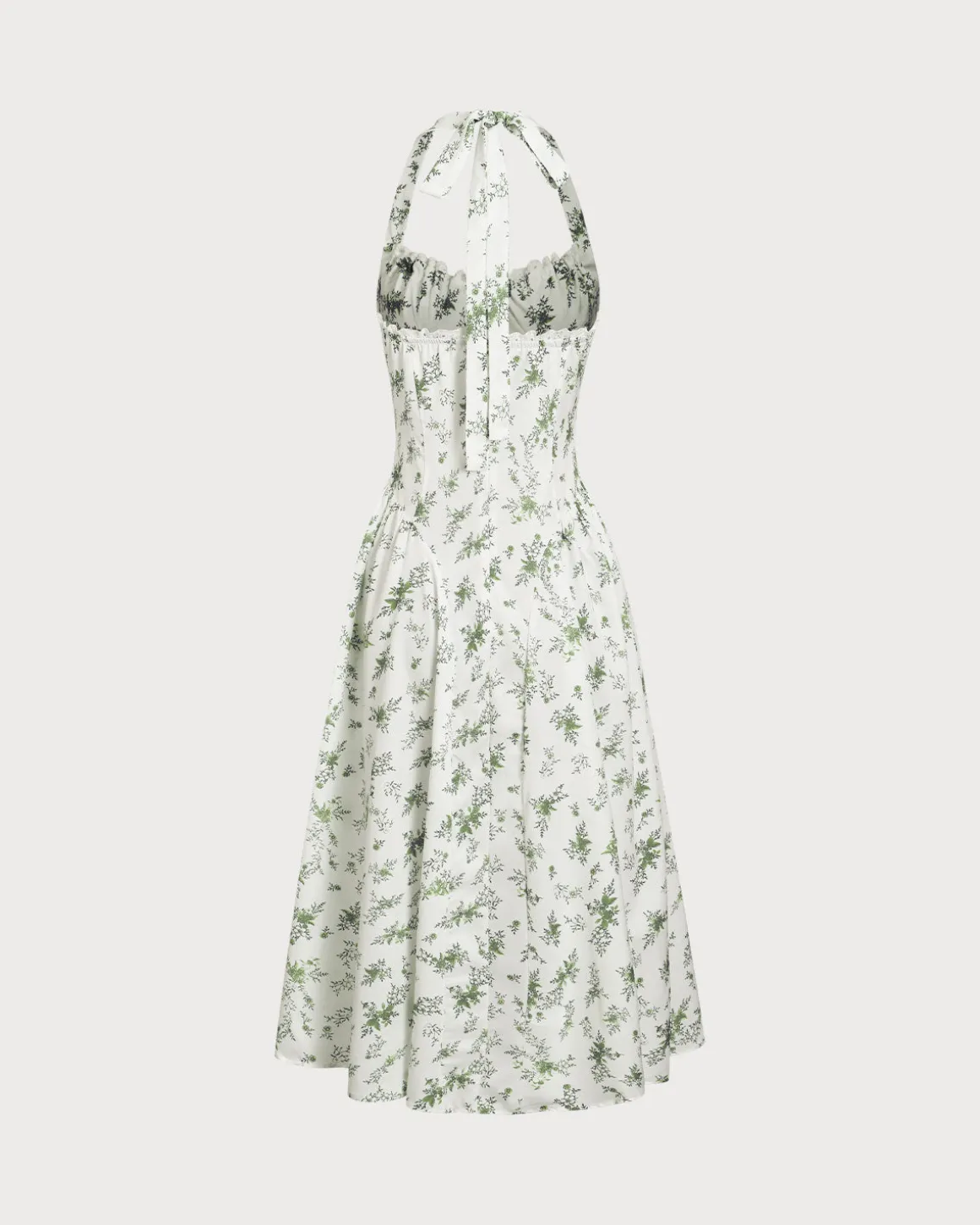 Green Floral Ruched Lace Halter Midi Dress