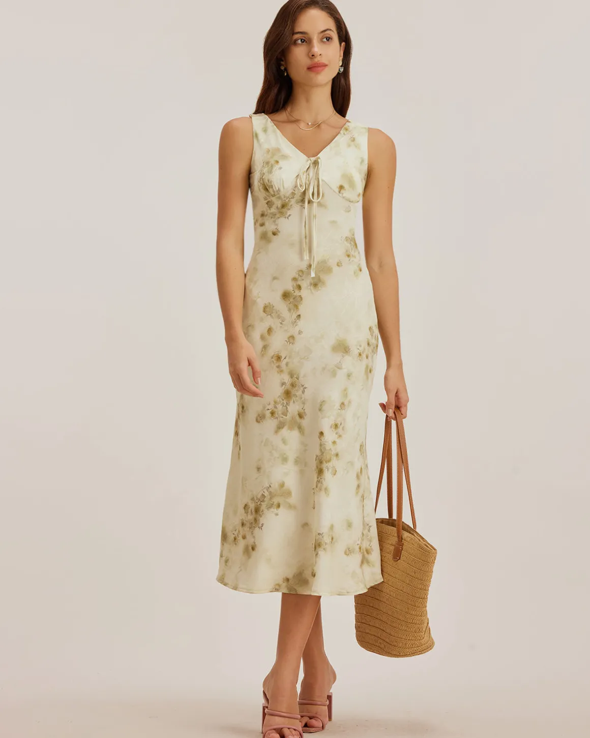 Green Floral Ruched Sleeveless Maxi Dress
