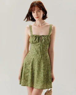 Green Floral Ruched Slip Mini Dress