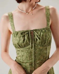 Green Floral Ruched Slip Mini Dress