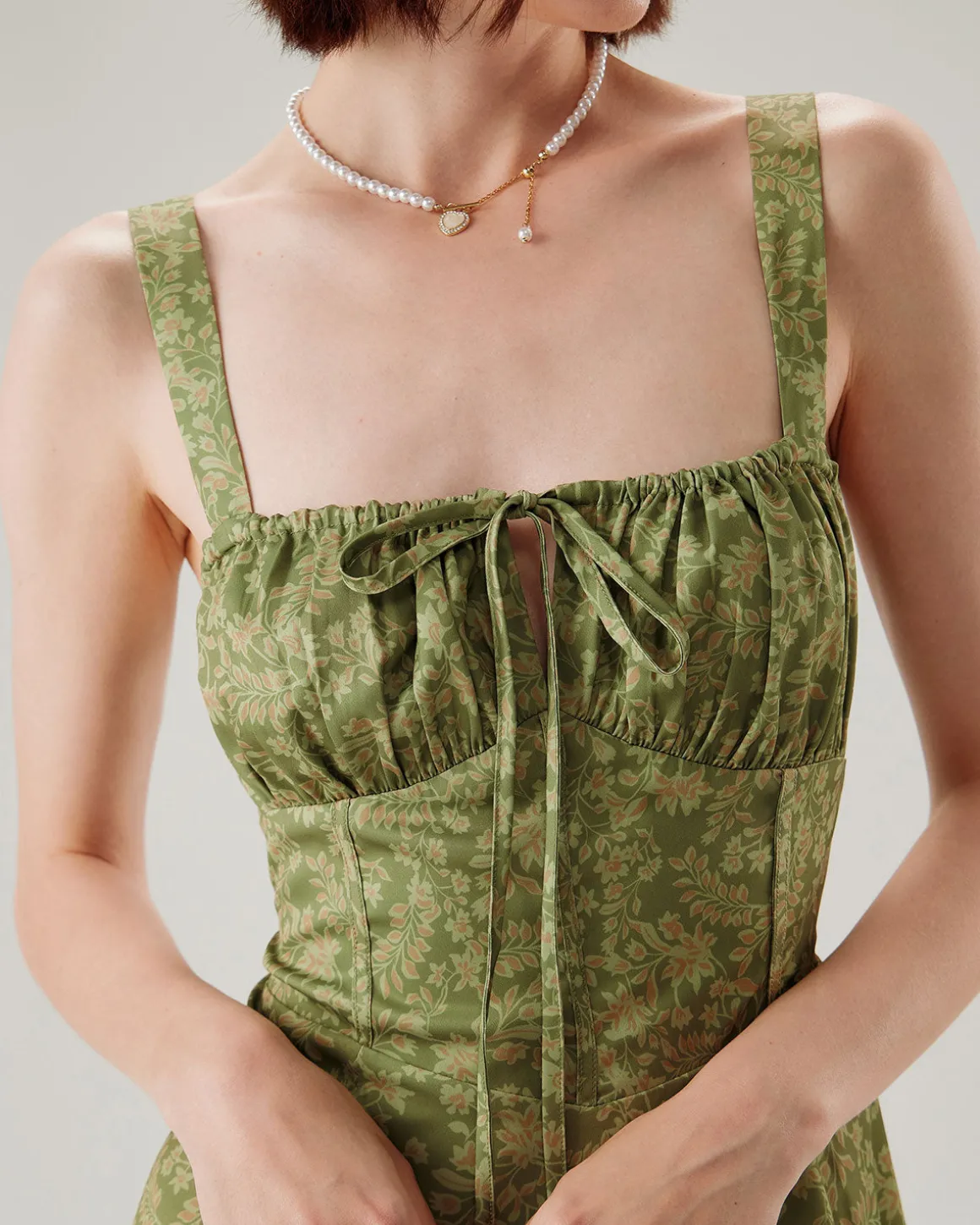 Green Floral Ruched Slip Mini Dress