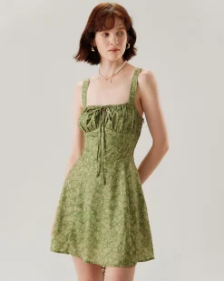 Green Floral Ruched Slip Mini Dress