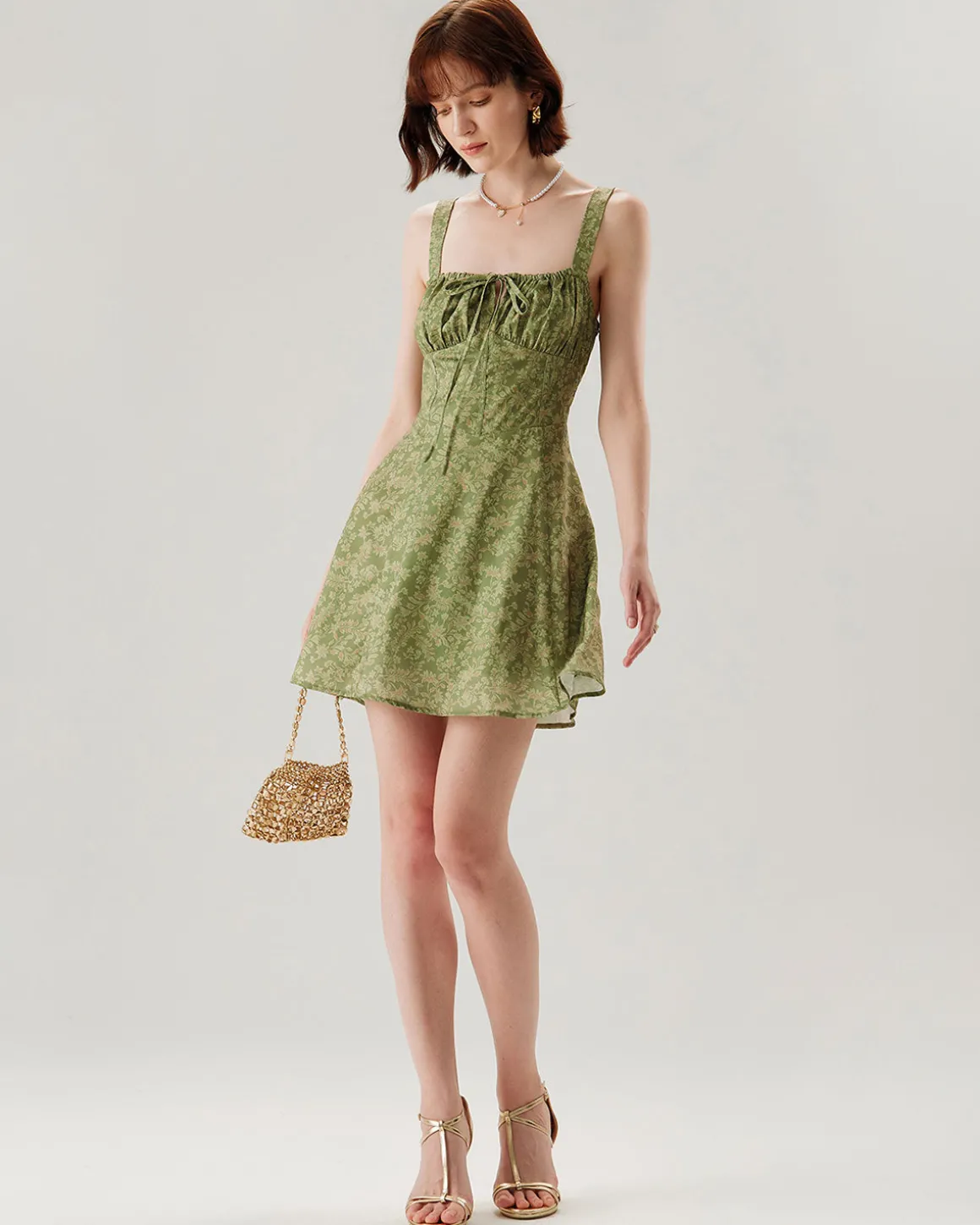 Green Floral Ruched Slip Mini Dress